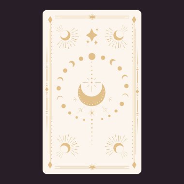 Tarot sınır kartını tersine çeviriyor. Altın çizgili sınır çizgisi. Yıldızlar ve ay ile gizemli esrarengiz dekorasyon. Sihirli kutsal kılıf. Vektör illüstrasyonu