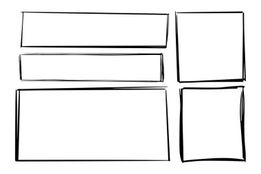 Dikdörtgen çerçeve kadrosu, kenar grunge kenarı, beyaz arkaplanda izole edilmiş metin kutusu. El çizimi dekoratif vuruş, klasik eskiz ikonu. Vektör illüstrasyonu