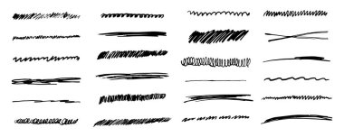Altı çizili fırça darbesi, işaret çizgileri grunge eğrisi, dalgalı serbest el işaretleri beyaz arkaplanda izole edilmiş basit kenarlara çarpıyor. Yaratıcı koleksiyon fırça veya pastel boya çekleri