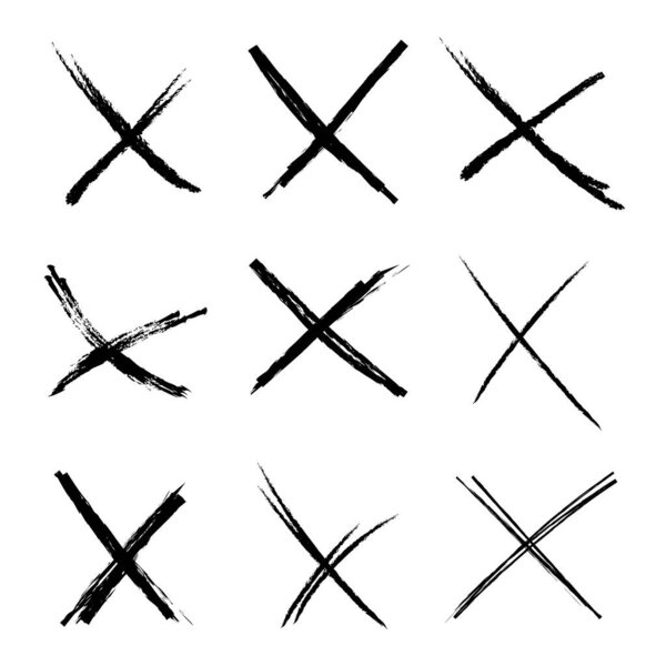 Крест эскиз гранж каракули набор X форма знак, отметьте на белом фоне. Strikethrough текстурированный кисть древесный уголь или маркер вручную нарисованные линии. Векторная иллюстрация