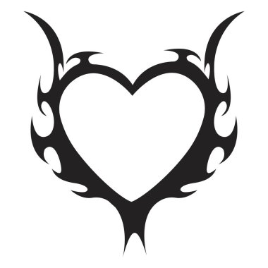 Neo kabilesinin kalbi y2k estetik dövme gotik kapak, ateş ya da arka planda soyut siluet var. Bölme, sınır, siber vücut süsü, neotribal ağ süslemesi. Vektör illüstrasyonu