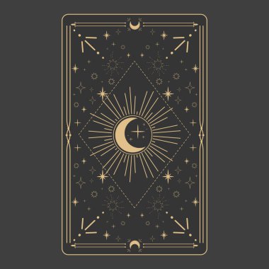 Tarot sınır büyüsünü tersine çeviriyor kutsal kapak kartı çerçevesi altın çizgi sınır çizgisi gizemli esrarengiz dekorasyonu yıldızlarla ve karanlık arka planda ay ile. Vektör illüstrasyonu