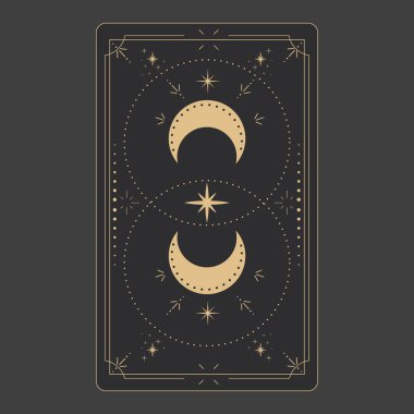Tarot sınır büyüsünü tersine çeviriyor kutsal kapak kartı çerçevesi altın çizgi sınır çizgisi gizemli esrarengiz dekorasyonu yıldızlarla ve karanlık arka planda ay ile. Vektör illüstrasyonu