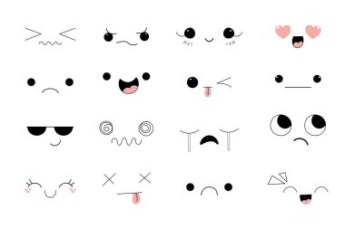 Kawaii Tarzı Manga Anime Duygularına Karşı, Komik ifadeler, Beyaz arka planda izole edilmiş şirin gözler koleksiyonu. Doodle Smiley moda tasarım elementleri. Vektör illüstrasyonu