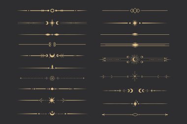 Yıldızlarla, ay ve güneş çizgisi ince, zarif basit dekorasyon, mistik tarot ayırıcı, koyu arkaplanda minimalist sihirli altın tasarım elementi. Vektör illüstrasyonu