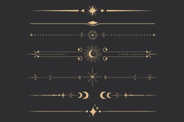 Golden divider celestial border with stars moon and sun thin line elegant simple decoration, mystic tarot separator, minimalist magic gold design element on dark background. Vector illustration clipart