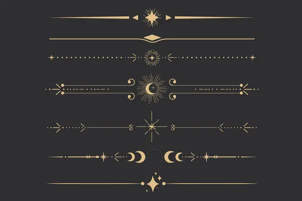 Yıldızlarla, ay ve güneş çizgisi ince, zarif basit dekorasyon, mistik tarot ayırıcı, koyu arkaplanda minimalist sihirli altın tasarım elementi. Vektör illüstrasyonu