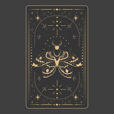Tarot sınır büyüsünü tersine çeviriyor kutsal kapak kartı çerçevesi altın çizgisi, sınır çizgisi esrarengiz esrarengiz dekorasyonu koyu arka planda güve yıldızları ve ay ile birlikte. Vektör illüstrasyonu