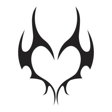 Neo kabilesinin kalbi y2k estetik dövme gotik kapak, ateş ya da arka planda soyut siluet var. Bölme, sınır, siber vücut süsü, neotribal ağ süslemesi. Vektör illüstrasyonu
