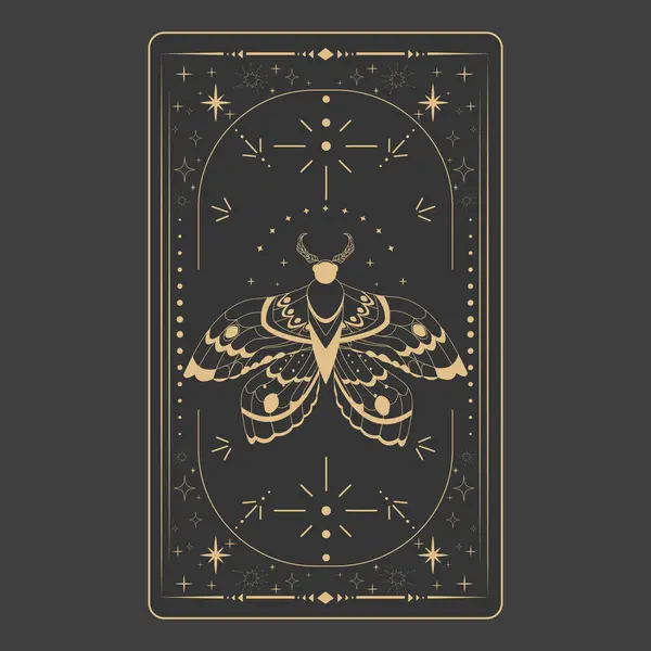 Tarot sınır büyüsünü tersine çeviriyor kutsal kapak kartı çerçevesi altın çizgisi, sınır çizgisi esrarengiz esrarengiz dekorasyonu koyu arka planda güve yıldızları ve ay ile birlikte. Vektör illüstrasyonu