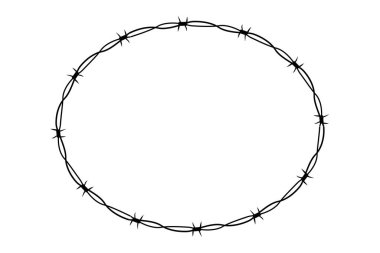 Barbed wire twisted ring y2k, round border tattoo, gothic textured steel frame, spiky oval barrier, silhouette isolated on white background. Vector illustration clipart