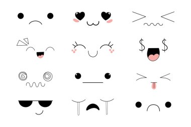 Kawaii Tarzı Manga Anime Duygularına Karşı, Komik ifadeler, Beyaz arka planda izole edilmiş şirin gözler koleksiyonu. Doodle Smiley moda tasarım elementleri. Vektör illüstrasyonu