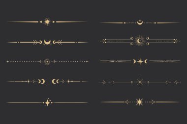 Yıldızlarla, ay ve güneş çizgisi ince, zarif basit dekorasyon, mistik tarot ayırıcı, koyu arkaplanda minimalist sihirli altın tasarım elementi. Vektör illüstrasyonu