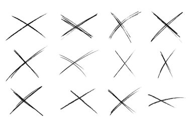 Çapraz çizim grunge karalama seti X şekil işareti, beyaz arkaplan işareti. Çarpıcı desenli fırça kömürü ya da işaretli el çizgileri. Vektör illüstrasyonu