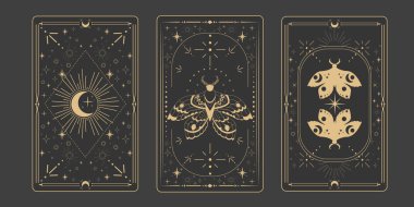 Tarot sınır büyüsünü tersine çeviriyor kutsal kapak kartı çerçevesi altın çizgisi, sınır çizgisi esrarengiz esrarengiz dekorasyonu koyu arka planda güve yıldızları ve ay ile birlikte. Vektör illüstrasyonu