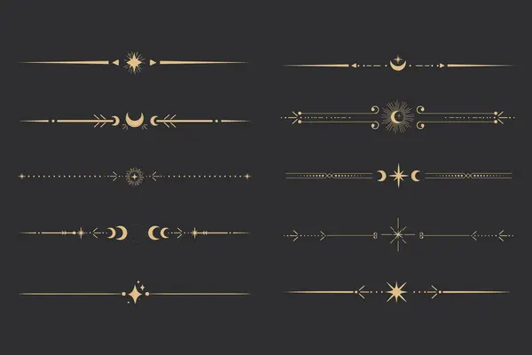 Yıldızlarla, ay ve güneş çizgisi ince, zarif basit dekorasyon, mistik tarot ayırıcı, koyu arkaplanda minimalist sihirli altın tasarım elementi. Vektör illüstrasyonu