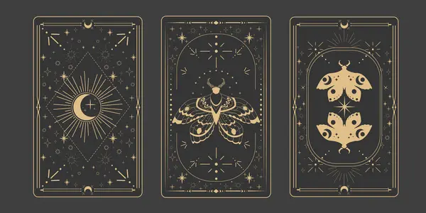 Tarot sınır büyüsünü tersine çeviriyor kutsal kapak kartı çerçevesi altın çizgisi, sınır çizgisi esrarengiz esrarengiz dekorasyonu koyu arka planda güve yıldızları ve ay ile birlikte. Vektör illüstrasyonu