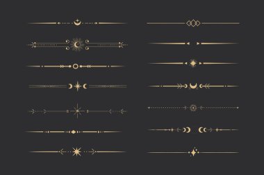 Yıldızlarla, ay ve güneş çizgisi ince, zarif basit dekorasyon, mistik tarot ayırıcı, koyu arkaplanda minimalist sihirli altın tasarım elementi. Vektör illüstrasyonu