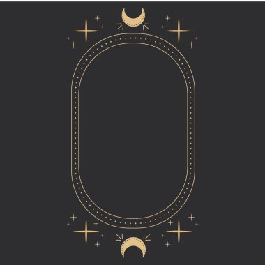 Göksel dövmeli altın ay ya da tarot astrolojisi sihirli elementi, yıldızlar, koyu arkaplanda en az sınır çizgisi ya da dekorasyon patlaması. Uzay sembolleri, amblem. Vektör illüstrasyonu