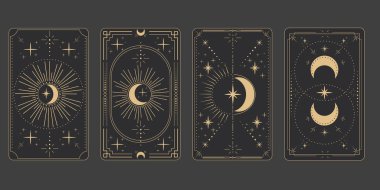 Tarot sınır büyüsünü tersine çeviriyor kutsal kapak kartı çerçevesi altın çizgi sınır çizgisi gizemli esrarengiz dekorasyonu yıldızlarla ve karanlık arka planda ay ile. Vektör illüstrasyonu