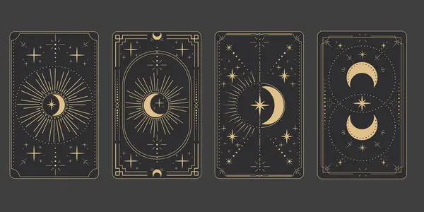 Tarot sınır büyüsünü tersine çeviriyor kutsal kapak kartı çerçevesi altın çizgi sınır çizgisi gizemli esrarengiz dekorasyonu yıldızlarla ve karanlık arka planda ay ile. Vektör illüstrasyonu