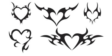 Neo kabilesinin kalbi y2k estetik dövme gotik kapak, ateş ya da arka planda soyut siluet var. Bölme, sınır, siber vücut süsü, neotribal ağ süslemesi. Vektör illüstrasyonu