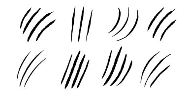 Clows siluet izleri, kedi ya da vahşi hayvan tırmalama izleri, beyaz arka planda izole edilmiş pençe izleri. Yırtık kenarlı tırnak izleri. Vektör illüstrasyonu