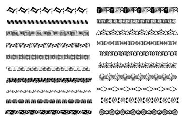 Beyaz arka planda izole edilmiş geometrik şekillerden çizilmiş karalama elle çizilmiş Aztek kabile güdüsü sınırını ayarlayın. Boho İskandinav srtoke, geleneksel yerel dekor. Vektör illüstrasyonu