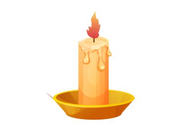 Altın metal tutacaklı mum, beyaz arka planda izole edilmiş şamdan alevi. Ateşli Candelstick. Vektör illüstrasyonu