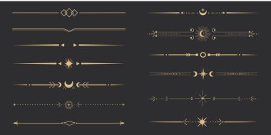 Yıldızlarla, ay ve güneş çizgisi ince, zarif basit dekorasyon, mistik tarot ayırıcı, koyu arkaplanda minimalist sihirli altın tasarım elementi. Vektör illüstrasyonu