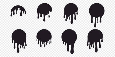 Erimiş boya damlayan daire etiketleri, etiket. Damlalarla yuvarlak sıçrama, sıvı şekilli grafiti damlaları, arka planda izole edilmiş leke. Akan sıvı, sümük ya da krema. Vektör illüstrasyonu