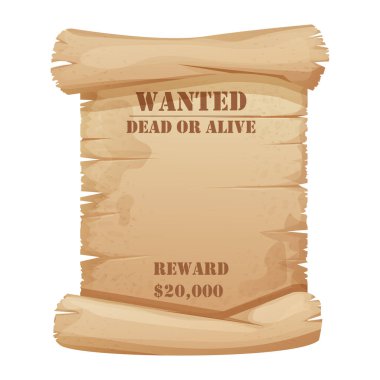 Aranan parşömen afişi, beyaz arka planda izole edilmiş Vahşi Batı ödül ilanı afişi. Yaşlanmış çerçeve, kırsal batı ödülü, arama işareti, grunge kağıt desenli şerif ihbarı.