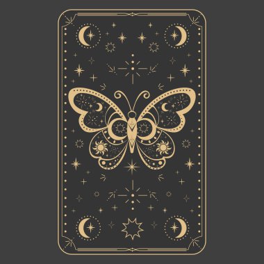 Tarot, kelebeğin tersine çevirdiği esrarengiz hücresel süsleme kartı çerçevesi üzerinde koyu arkaplan üzerinde güve yıldızları ve ay olan altın çizgi sınırı. Vektör illüstrasyonu