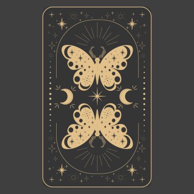 Tarot reverce border magic sacred cover card frame gold line border celelstial mystery esoteric decoration with moth stars and moon on dark background. Vector illustration clipart