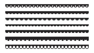 Kenarları kabartmalı fırça darbesi ayırıcı siyah siluet şerit, beyaz arka planda izole bant koleksiyonu. Çemberli, nakış işlemeli geleneksel bir süs. Vektör illüstrasyonu