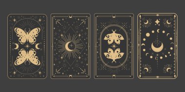 Tarot sınır büyüsünü tersine çeviriyor kutsal kapak kartı çerçevesi altın çizgisi, sınır çizgisi esrarengiz esrarengiz dekorasyonu koyu arka planda güve yıldızları ve ay ile birlikte. Vektör illüstrasyonu