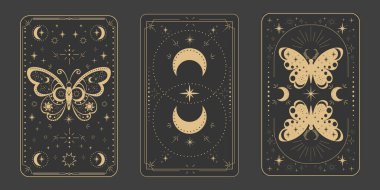 Tarot sınır büyüsünü tersine çeviriyor kutsal kapak kartı çerçevesi altın çizgisi, sınır çizgisi esrarengiz esrarengiz dekorasyonu koyu arka planda güve yıldızları ve ay ile birlikte. Vektör illüstrasyonu