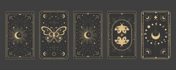 Tarot sınır büyüsünü tersine çeviriyor kutsal kapak kartı çerçevesi altın çizgisi, sınır çizgisi esrarengiz esrarengiz dekorasyonu koyu arka planda güve yıldızları ve ay ile birlikte. Vektör illüstrasyonu
