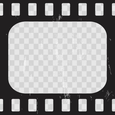 Eski sinema çerçevesi, video film şeridi. Retro klasik bant boş şablonu. Bant kenarı, grunge desenli siluet. Şeffaf arkaplanda bir video makarası. Vektör illüstrasyonu