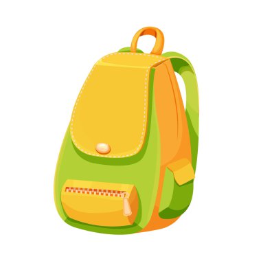 Okul sırt çantası çalışma çantası, ekipman, beyaz arka planda parlak renkli cepli çocuk çantası. Malzemeler ve bagajlar için aksesuar. Vektör illüstrasyonu