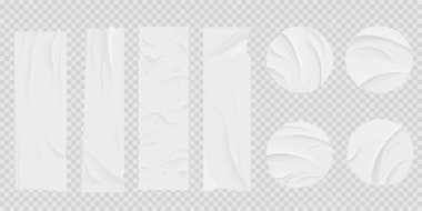 Yapıştırılmış yuvarlak kağıt, buruşuk efekt etiketi, boş çerçeve, rozet modeli izole edildi. Yuvarlak etiketli yamaları ayarla. Buruşuk poster, etiket. Vektör illüstrasyonu