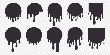 Erimiş daire çıkartmaları boya damlaları, yuvarlak etiketler, damla damlaları, sıvı şekilli grafiti damlaları, arka planda izole edilmiş leke. Akan sıvı, sümük ya da krema. Vektör illüstrasyonu