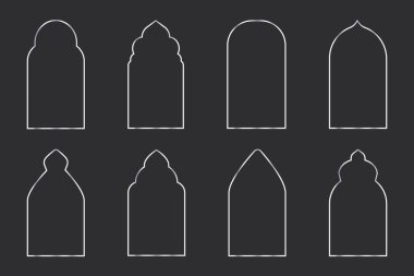 İnce gümüş zarif çerçeve. Minimal parlaklık Art Deco metalik sınır. Minimum kemer dekorasyonu pencere veya kapı, koleksiyon koyu arka planda izole edilmiş. Vektör illüstrasyonu
