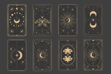 Tarot sınır büyüsünü tersine çeviriyor kutsal kapak kartı çerçevesi altın çizgisi, sınır çizgisi esrarengiz esrarengiz dekorasyonu koyu arka planda güve yıldızları ve ay ile birlikte. Vektör illüstrasyonu