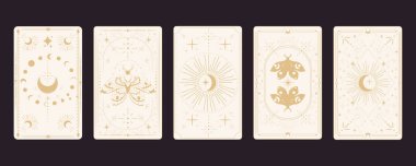 Tarot sınır büyüsünü tersine çeviriyor kutsal kapak kartı çerçevesi altın çizgisi, sınır çizgisi esrarengiz esrarengiz dekorasyonu koyu arka planda güve yıldızları ve ay ile birlikte. Vektör illüstrasyonu