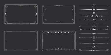 Gümüş göksel minimal esrarengiz çerçeve, ince çizgi sınırı, noktalı mistiksel çizgisel dekorasyon, ay, karanlık arka planda izole edilmiş yıldız köşeleri. Geometrik şekil, tarot. Vektör illüstrasyonu