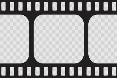 Eski sinema çerçevesi, video film şeridi. Retro klasik bant boş şablonu. Bant kenarı, grunge desenli siluet. Şeffaf arkaplanda bir video makarası. Vektör illüstrasyonu