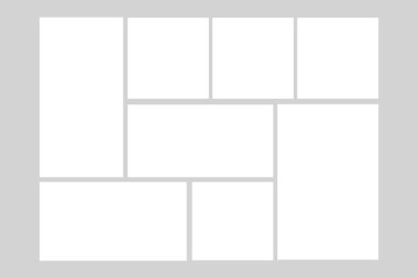 Fotoğraf ızgarası kolaj çerçeveleri şablon, moodboad düzeni, mozaik kenar, arkaplanda izole edilmiş albüm seti. Sunum görüntüsü modeli. Vektör illüstrasyonu