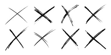 Çapraz çizim grunge karalama seti X şekil işareti, beyaz arkaplan işareti. Çarpıcı desenli fırça kömürü ya da işaretli el çizgileri. Vektör illüstrasyonu