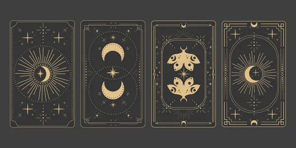 Tarot sınır büyüsünü tersine çeviriyor kutsal kapak kartı çerçevesi altın çizgisi, sınır çizgisi esrarengiz esrarengiz dekorasyonu koyu arka planda güve yıldızları ve ay ile birlikte. Vektör illüstrasyonu